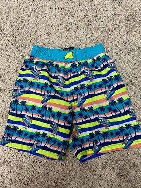 Shark swim trunks boys size 4 colorful surf vibrant beach palm tree